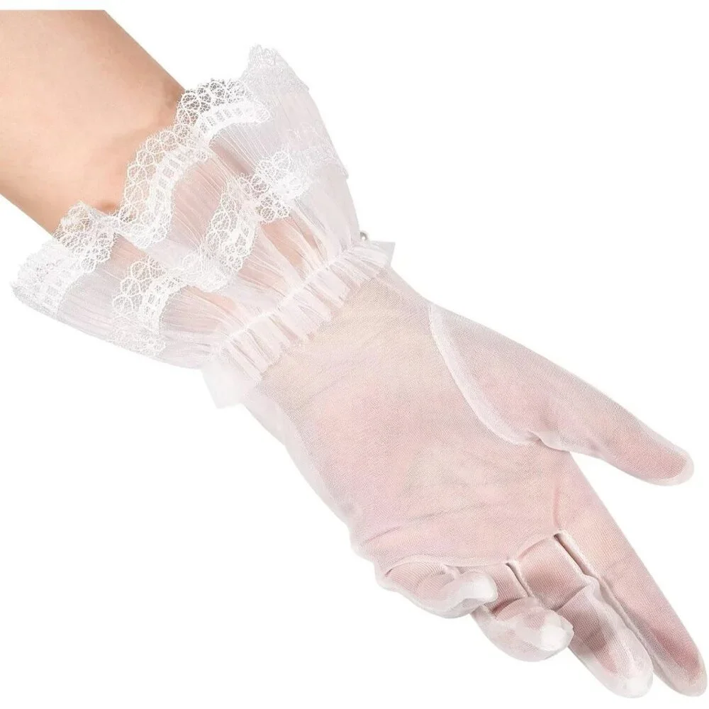 Women's Lvory 05 Floral Short Length Lace Tulle Mesh Wrist Wedding Party Gloves
